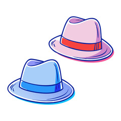 Two colorful cartoon hats, one pink with a red band and one blue