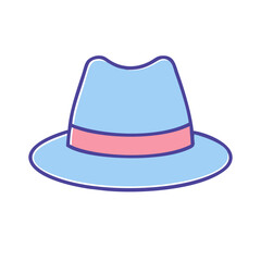 Stylish cartoon blue fedora hat with a pink ribbon illustration