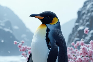 Fototapeta premium Penguin Samurai: Cinematic Snowfall & Cherry Blossoms Scene - Japanese Armor Detail