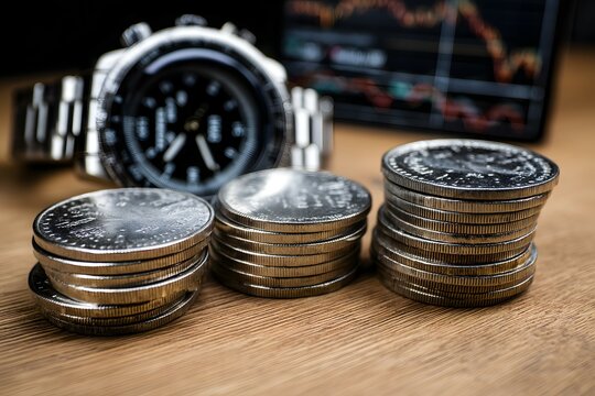 Stacks of coins, a watch, and financial charts symbolize wealth management.