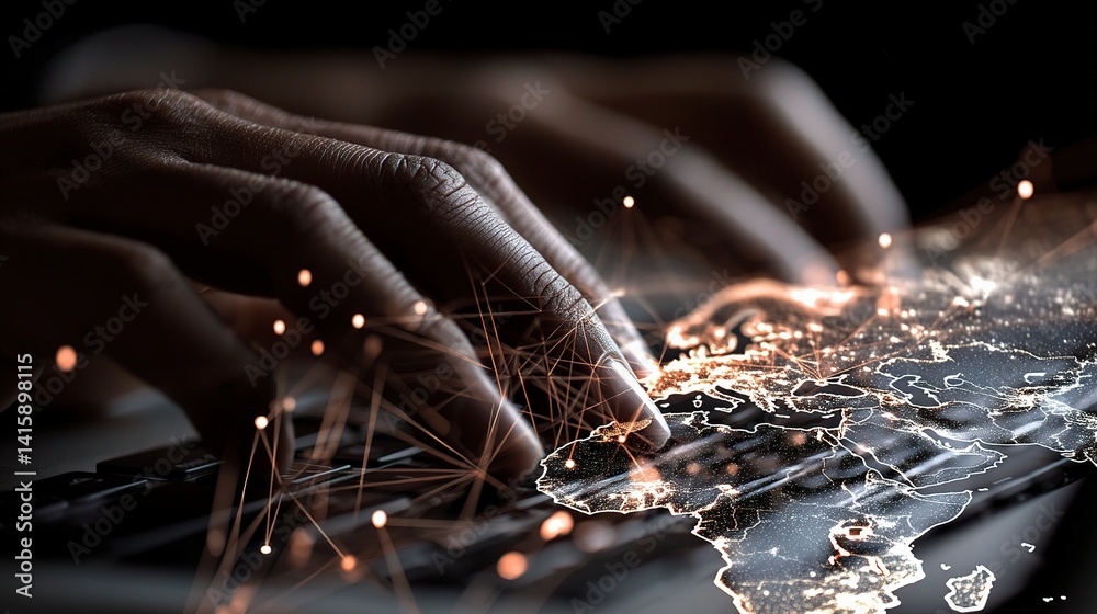 Poster hands typing on keyboard merged with digital map visualization