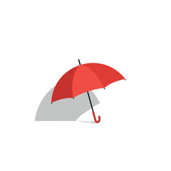 Red umbrella with curved handle casting shadow in minimal flat style vector illustration