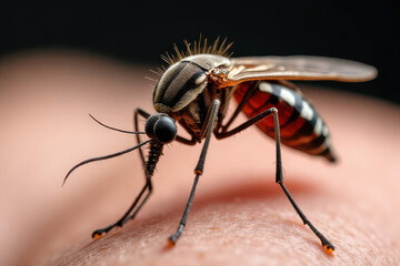 Fototapeta premium Macro Shot of Mosquito Feeding on Human Arm: Blood Visible in Translucent Abdomen, High Focus & Detailed Textures