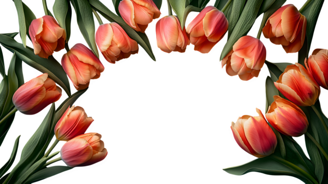 Colorful tulips forming a decorative border, vibrant spring tones, crisp white background