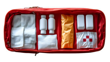 Compact first-aid kit with open zipper showing bandages, antiseptic wipes, and gauze, ultra-clear, white background