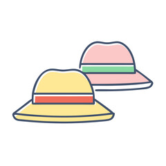 Two colorful sun hats one yellow with red band the other pink