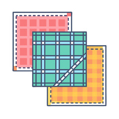 A stack of colorful square fabric pieces with check patterns and dashed borders
