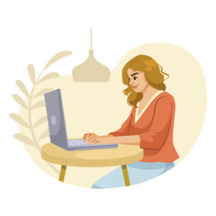 Woman freelancer typing on laptop at round table in cafe, flat cartoon style on soft beige background, concept of remote work. Vector illustration