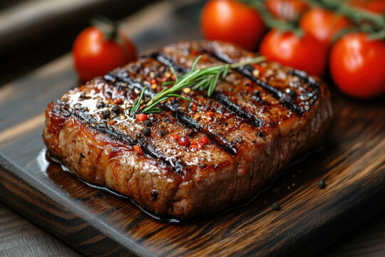 Juicy steak with tomatoes and herbs on wooden board.
