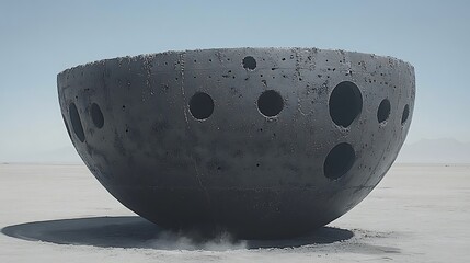 Large, dark gray, hemispherical sculpture in desert