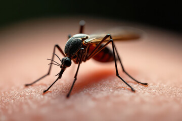 Fototapeta premium Close-Up of Mosquito on Human Skin: Detailed Wing Structure and Body Texture in Soft Light