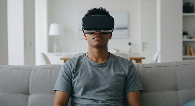 Young man experiencing virtual reality on sofa. Millennial guy using vr glasses for video game or metaverse simulation. Futuristic entertainment for gaming application.