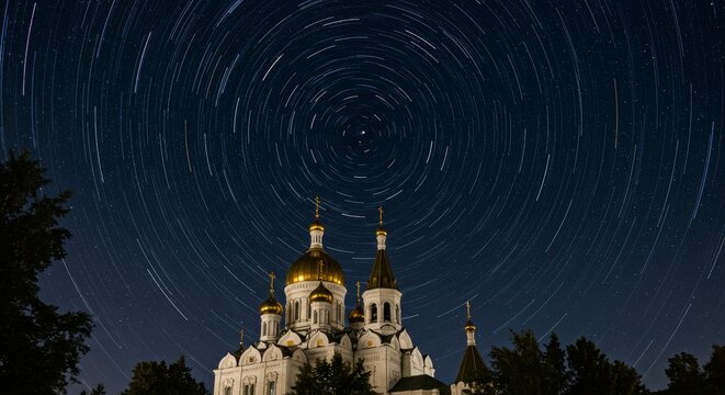 Starry Night Church Under Celestial Dance - Majestic church silhouette against a swirling star-trail night sky, symbolizing faith, eternity, wonder, peace, and spirituality