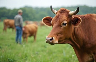 Fototapeta premium Farmer monitors livestock, cow in foreground. Technology optimizes animal health, supports smart farming. Sustainable agriculture management, precision and data for efficiency and welfare.