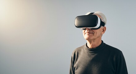 Mature Man Using Vr Goggles. Senior Man Experiencing Virtual Reality. Exploring metaverse and innovative digital world, future technologies and simulation for modern lifestyle.