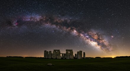 Stonehenge Under the Milky Way's Embrace - Ancient stones meet celestial wonders. A tranquil landscape, iconic site, starry night, milky way, and celestial experience combine