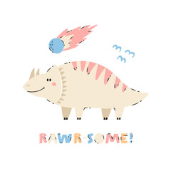 Cute cartoon dinosaur illustration with a funny meteor and decorative text in playful colors. Adorable prehistoric design perfect for kids prints, posters, t-shirts, and nursery decor.