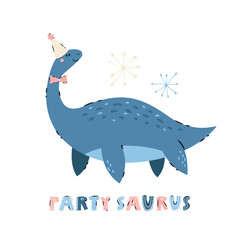 Funny cartoon dinosaur in a party hat with colorful confetti, paired with the playful text. Cute and festive prehistoric design perfect for kids birthday cards, party invitations, posters, and apparel