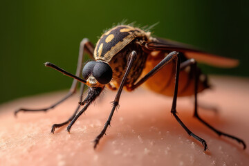 Fototapeta premium High-Resolution Mosquito Biting Skin Close-Up: Detailed Wings, Body Texture, Realistic Lighting in Abstract Insect Study