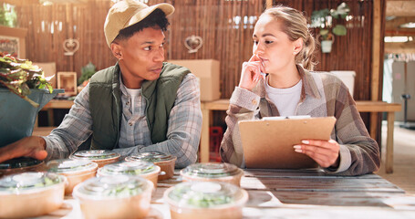 Business produce, agriculture and people with clipboard for inventory management, food distribution and stock count. Vendor, teamwork and checklist for sustainable farming, supply chain and planning