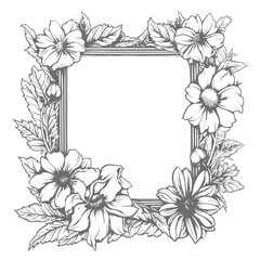 Black and White Illustration of a Square Frame Surrounded by Flowers - Graphic Element for Nature, Decoration, or Design Themes