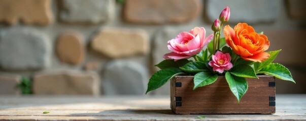 Artificial flowers in a beautifully crafted wooden planter on a natural stone background, background, artificial blooms