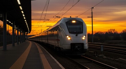 Fototapeta premium Train at Sunset Station - A modern train arrives at a station during a vibrant sunset. The warm colors of the sky illuminate the scene