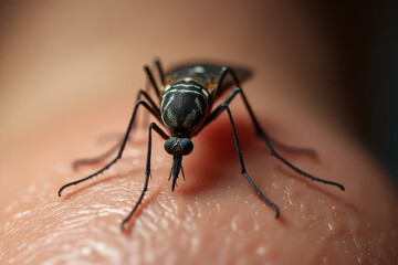 Fototapeta premium Close-Up Mosquito on Human Neck Skin: Hyper-Realistic Macro Render with Fine Hairs and Detailed Texture
