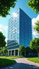 Office building surrounded by lush greenery and a clear blue sky, office, blue sky