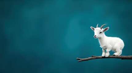 Obraz premium A white goat perched atop a tree limb against a teal-blue background