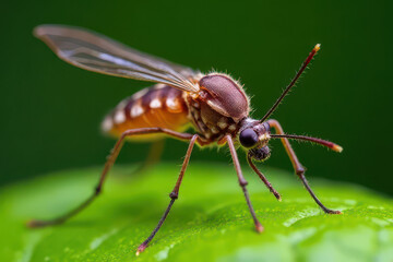 Ultra-Detailed Macro Scene: Mosquito Engorged with Blood on Leaf, Intricate Wing Veins, Shiny Compound Eyes, Natural Background
