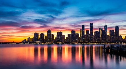 Naklejka premium Vibrant Cityscape Sunset Reflection - Urban skyline at dusk, reflecting in calm water. Symbolizing: progress, tranquility, beauty, urban life, and hope