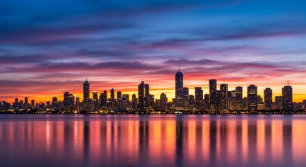 Fototapeta premium Vibrant Cityscape Sunset Silhouette - A breathtaking sunset casts vibrant hues across a city skyline reflected in calm water, symbolizing urban beauty, tranquility, nature's artistry, hope