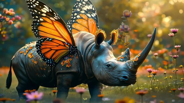 Unique hybrid of rhinoceros and butterfly explores a vibrant flower field in a magical setting