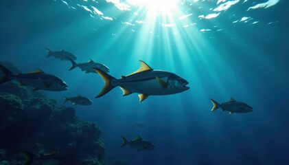 Fototapeta premium School of fish swimming in a dark blue ocean surface with sunlight peeking from above, movement, sea, ocean