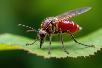Fototapeta premium Ultra-Realistic Mosquito Close-Up: Blood-Filled Abdomen, Shimmering Wings, Reflective Eyes in Lush Outdoor Setting