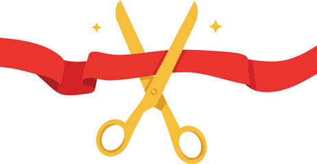 Golden scissors cutting a red ribbon flat design celebration event ceremony vector art