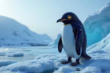 Fototapeta premium Futuristic Arctic Patrol Scene: Robot Penguin with Glowing Core & High-Tech Metal Design in Icy Sci-Fi Terrain