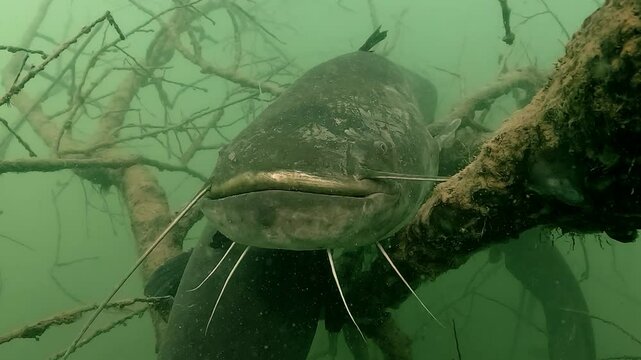 Underwater close-up of a giant wels catfish (Silurus glanis) resting motionless on a branch at the lake bottom. Emphasis on head, barbels, and textured skin. Check my portfolio for more catfish footag