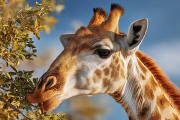 Obraz premium Close-up of a giraffe munching on leaves against a blurred background.