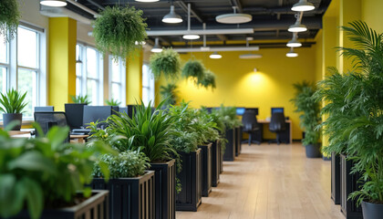 Fototapeta premium Modern office interior filled with rich green plants creating eco-friendly workspace. Sunny interior with computers. Comfortable work area in light, bright building. Concept good for tech startups,