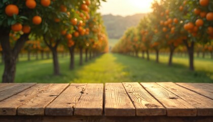 Empty wood table front orange field background. Ripe oranges on trees, harvest season. Farm with fruits. Rustic surface for product placement. Orange grove, autumn harvest. Food, nature.