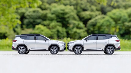 Fototapeta premium Silver suv comparison side by side showcasing design and size in a green natural setting