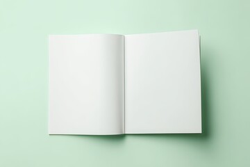 Open blank book spread against a pale green backdrop, offering creative freedom.