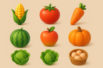 3D Assorted cartoon vegetables and fruits: corn, tomato, carrot, watermelon, apple, pumpkin, lettuce, eggs