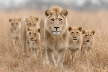 A majestic lion leads a pride of lions through the savanna grasslands.