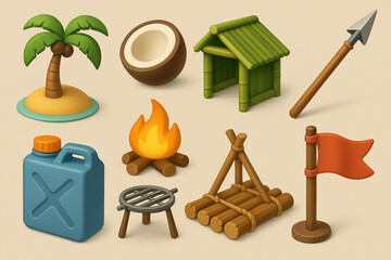 3D Survival icons: tropical island, bamboo hut, fire, raft, and tools