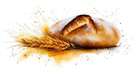 Loaf of bread rests beside wheat sprig, artistically rendered with splattered watercolor effects on a white backdrop.