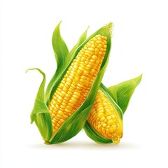 Two cobs of corn with leaves on white background