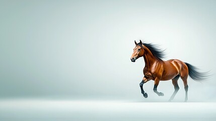 Fototapeta premium A brown horse gallops through a foggy area with its tail raised high